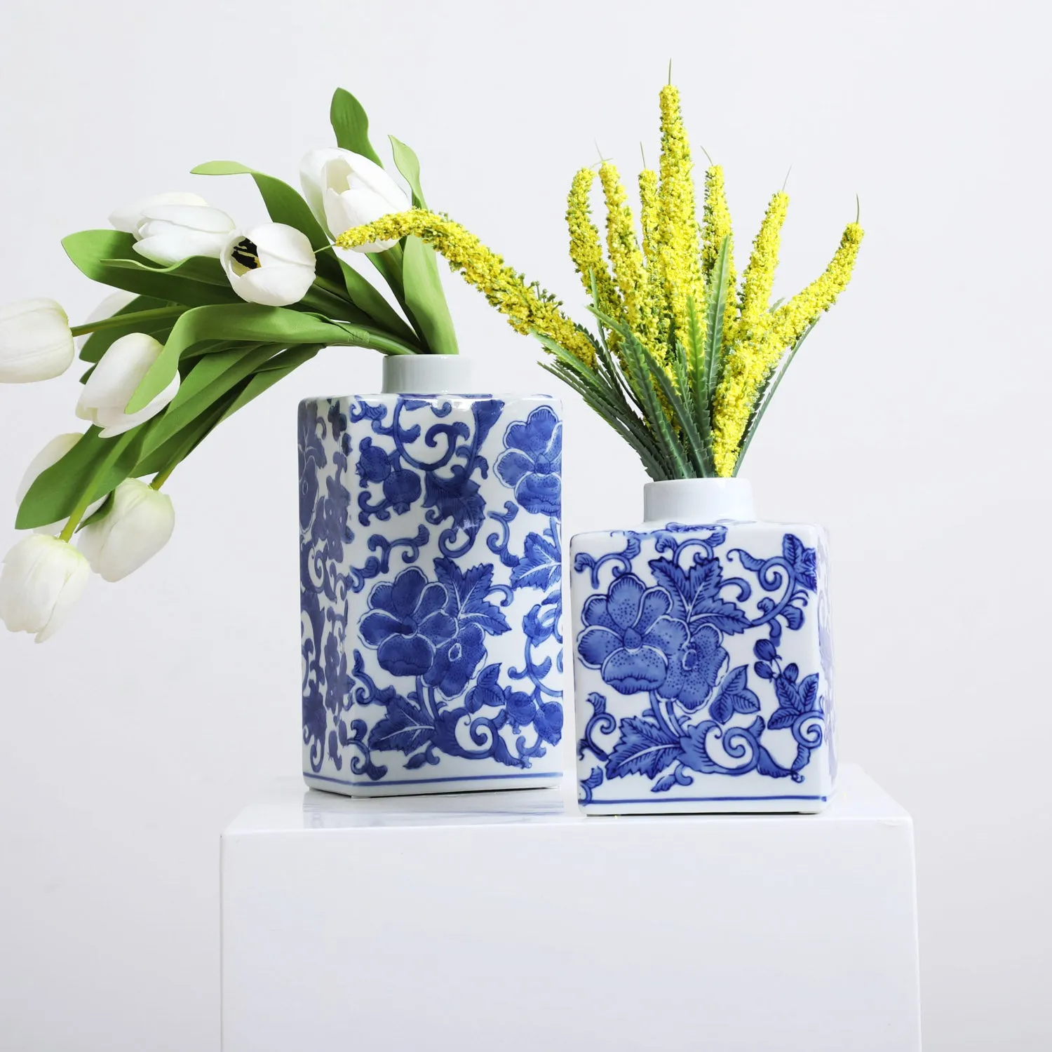 Blue & White Floral Chinoiserie Porcelain Decor Vase - Available in 2 Sizes