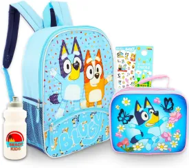 Bluey Backpack and Lunch Box Set - Bundle with 15" School Bag, Lunch Box, Water Bottle, Stickers, More | Bluey and Bingo Backpack with Lunchbag for Boys, Girls, Kids