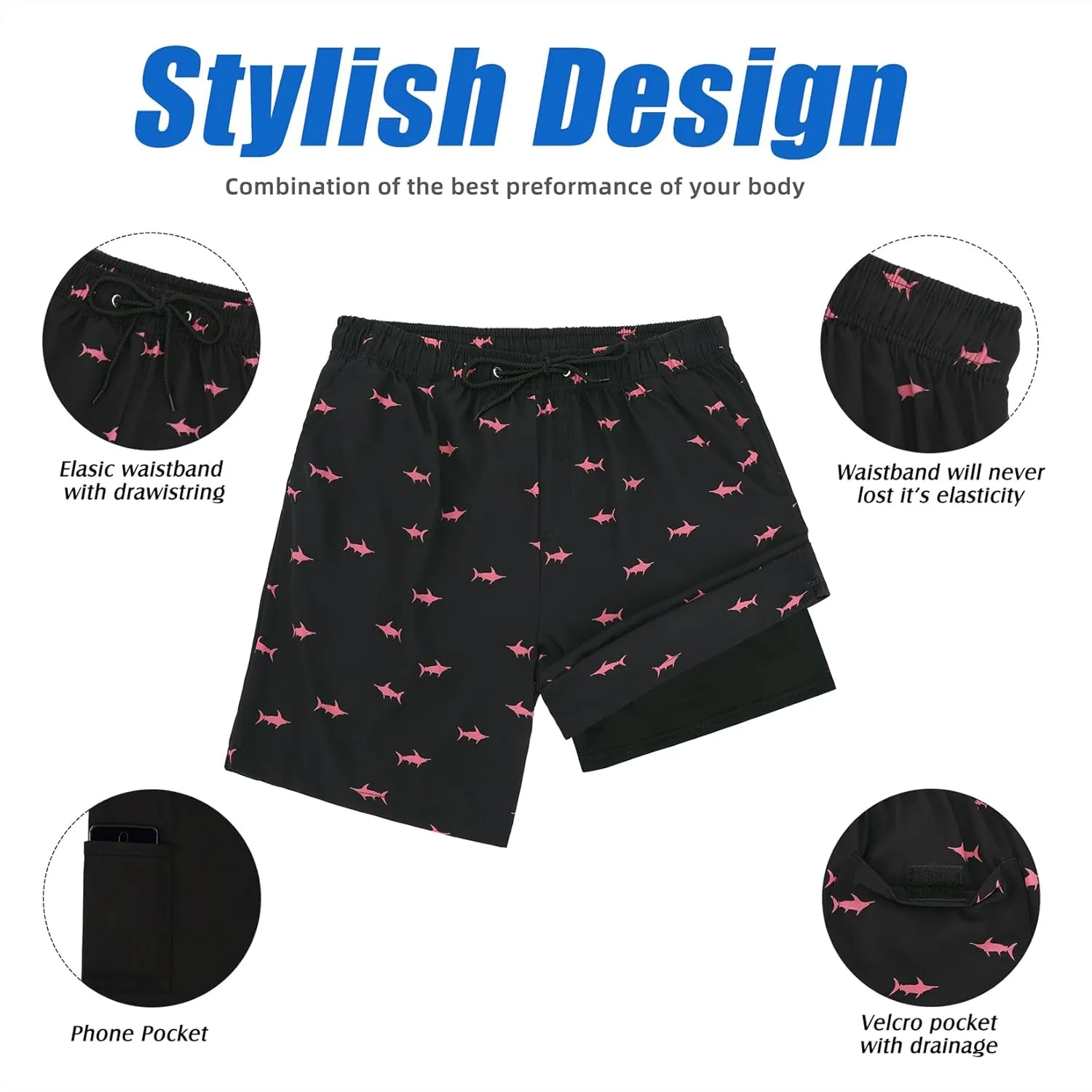 Century Star Mens Swim Trunks with Compression Liner Quick Dry Bathing Suits with Pockets Swim Shorts