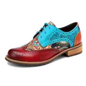 CrazycatZ Women's Leather Oxford Shoes Perforated Lace up Wingtip Colorful Leather Oxfords Vintage