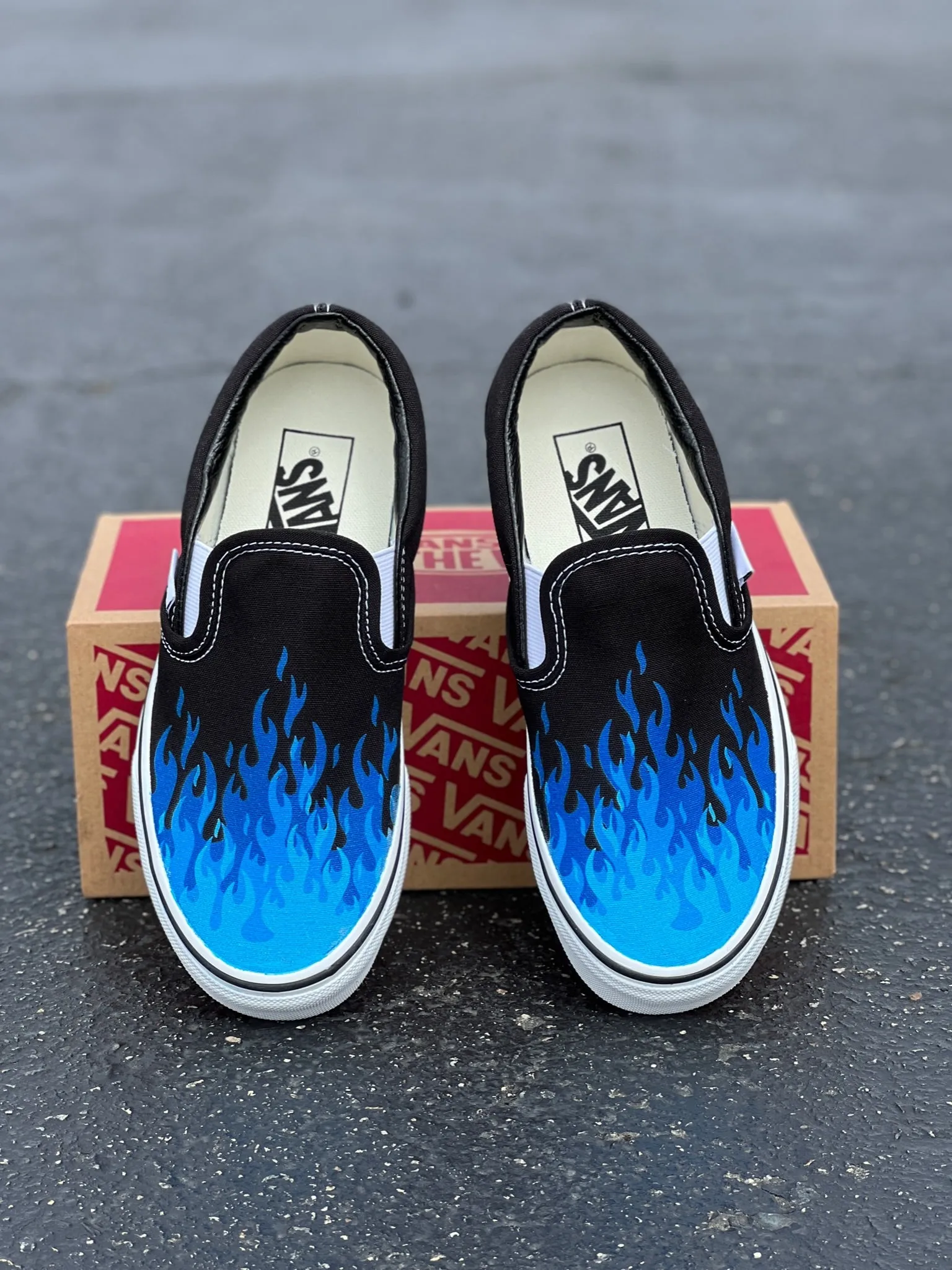 Hot Blue Flame Shoes - Custom Vans Black Slip On Shoes