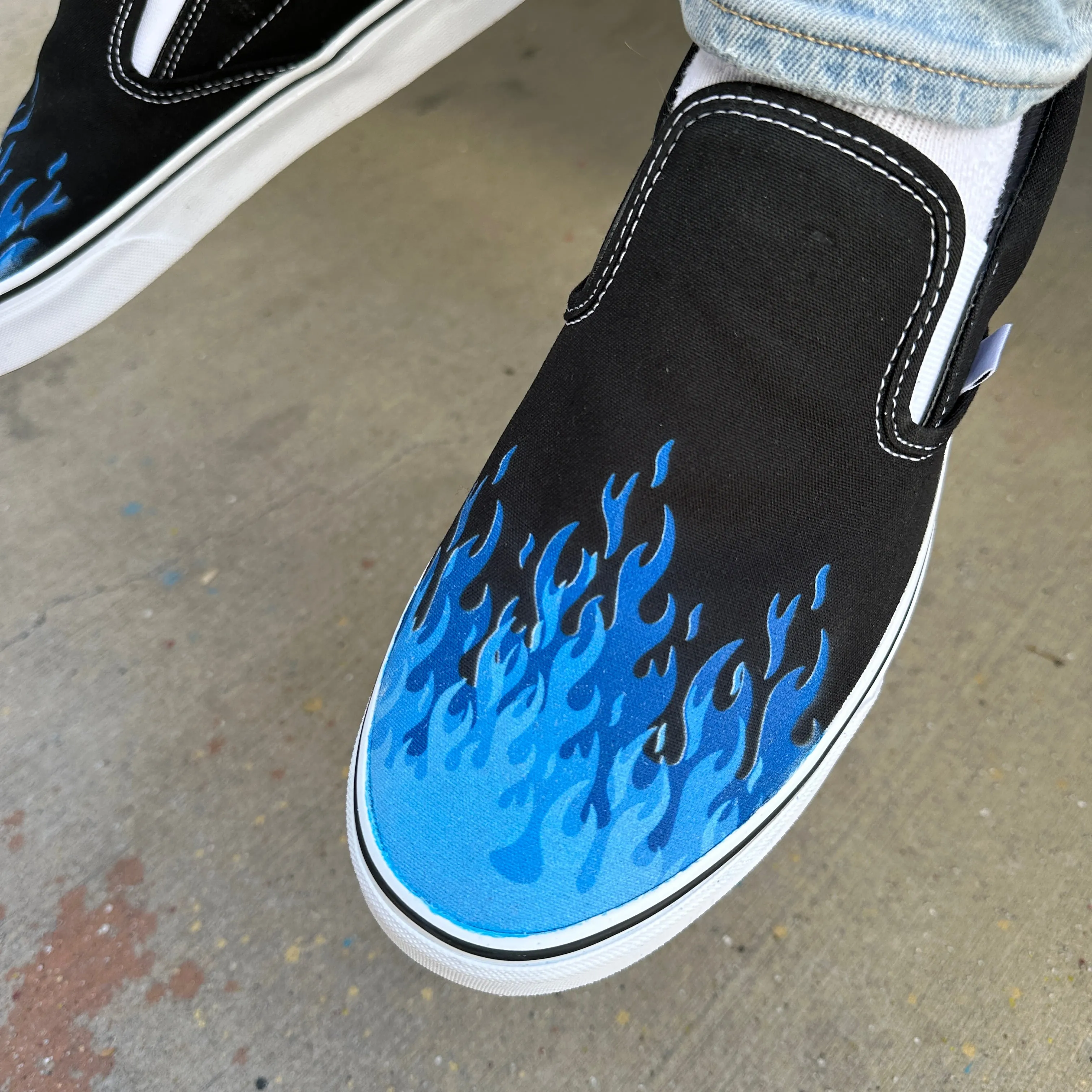 Hot Blue Flame Shoes - Custom Vans Black Slip On Shoes