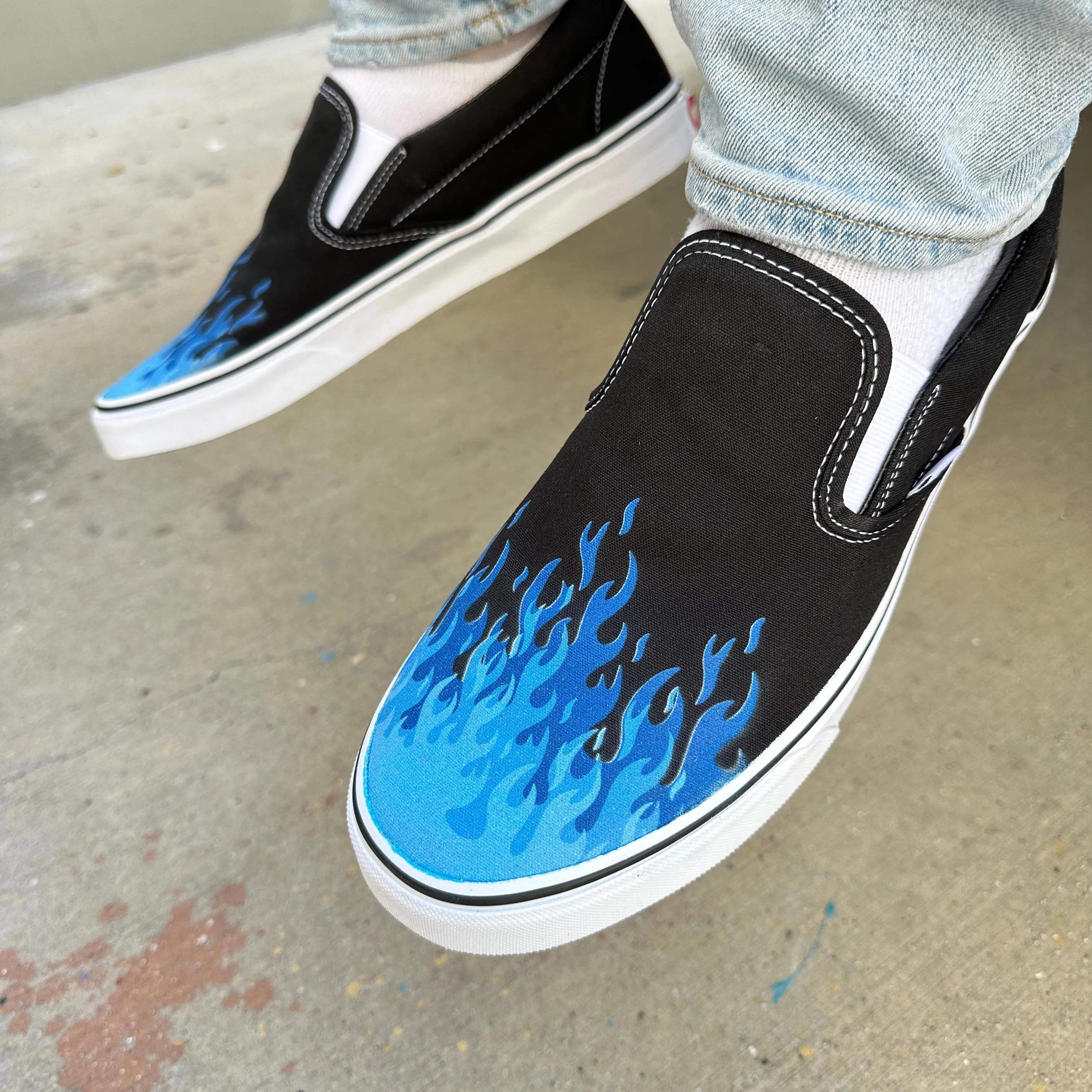 Hot Blue Flame Shoes - Custom Vans Black Slip On Shoes