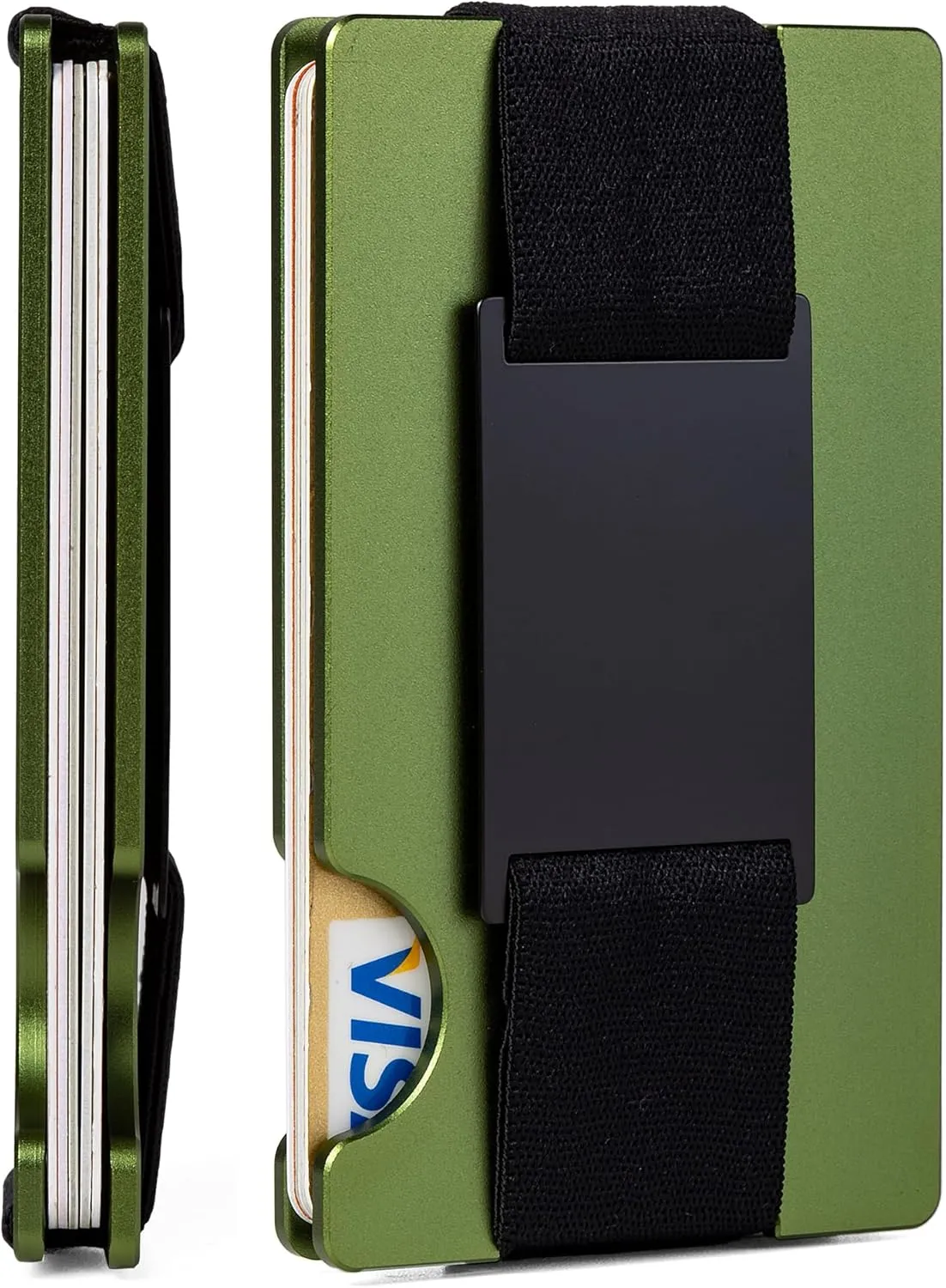 Minimalist Wallet for Men,Slim RFID Blocking Wallet,Durable Expandable Compact Plate, Matel Credit Card Holder,Cash Strap/Money Clip (Matte Olive Green)
