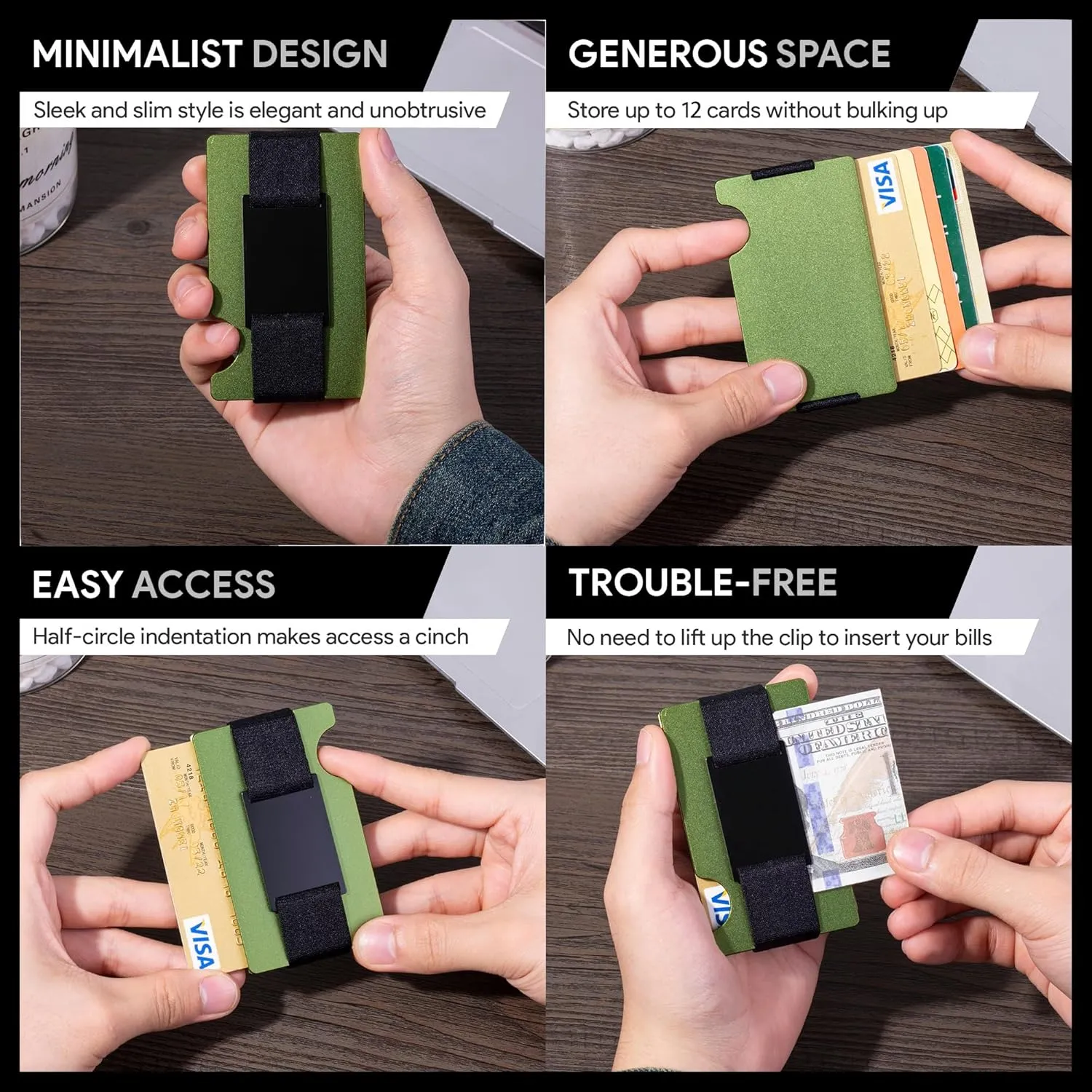 Minimalist Wallet for Men,Slim RFID Blocking Wallet,Durable Expandable Compact Plate, Matel Credit Card Holder,Cash Strap/Money Clip (Matte Olive Green)