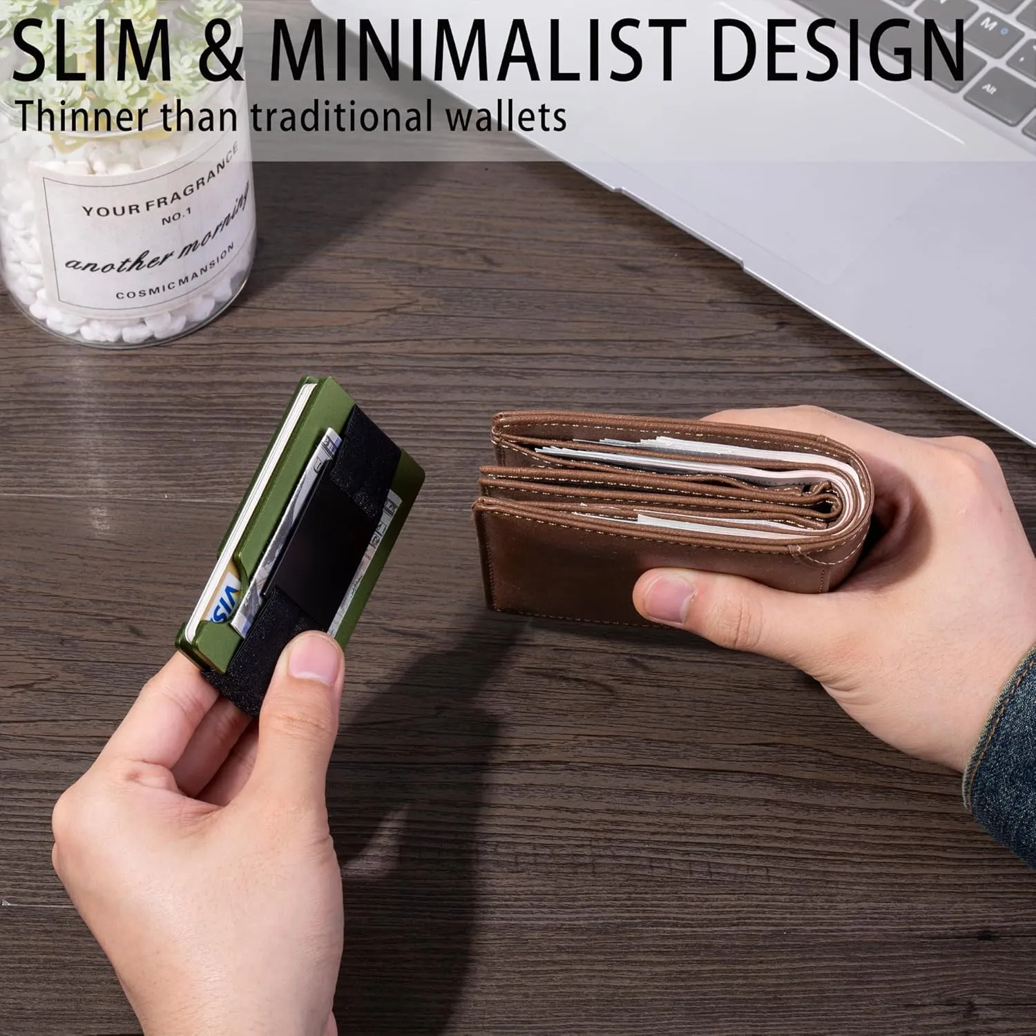 Minimalist Wallet for Men,Slim RFID Blocking Wallet,Durable Expandable Compact Plate, Matel Credit Card Holder,Cash Strap/Money Clip (Matte Olive Green)