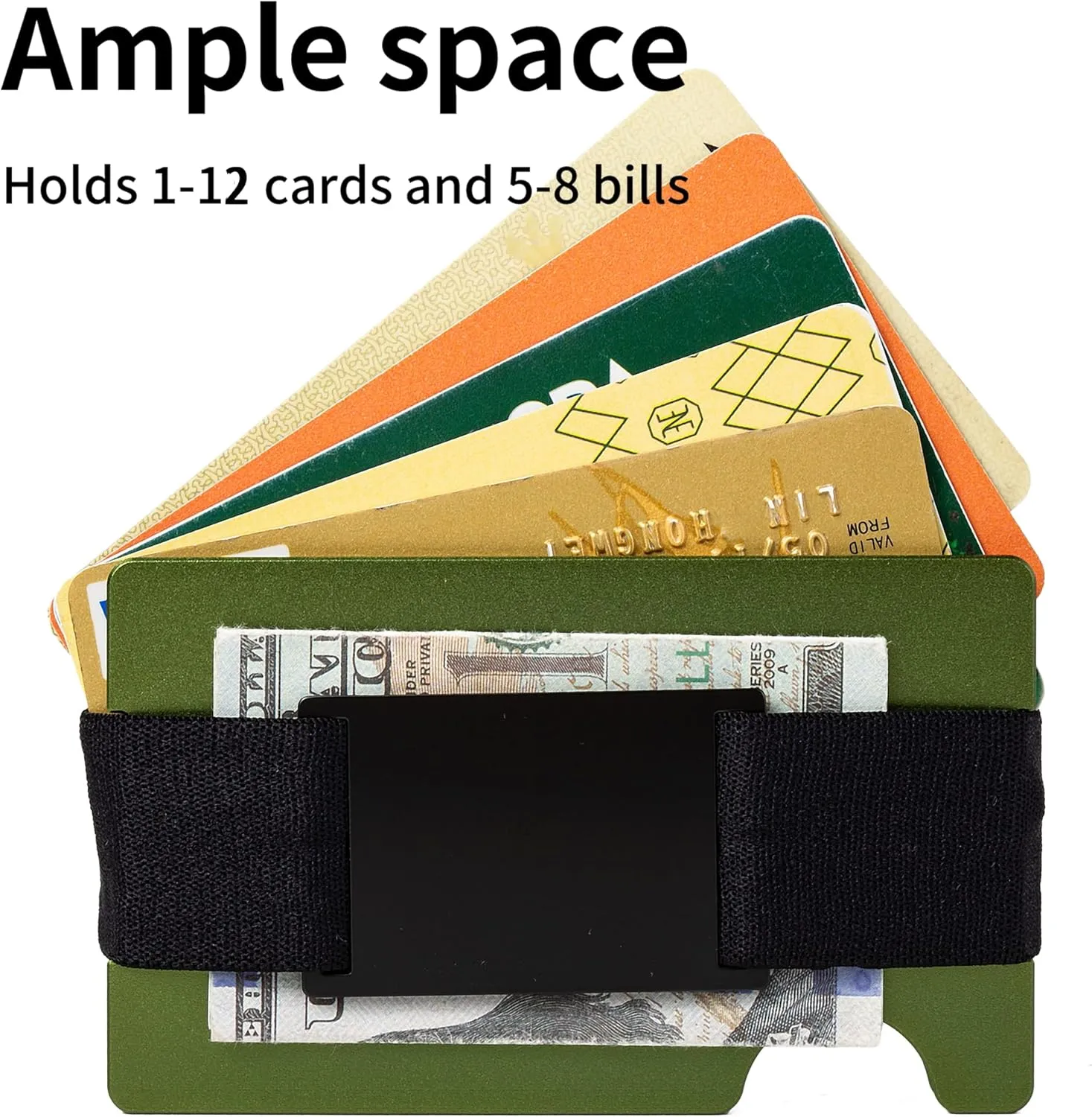 Minimalist Wallet for Men,Slim RFID Blocking Wallet,Durable Expandable Compact Plate, Matel Credit Card Holder,Cash Strap/Money Clip (Matte Olive Green)