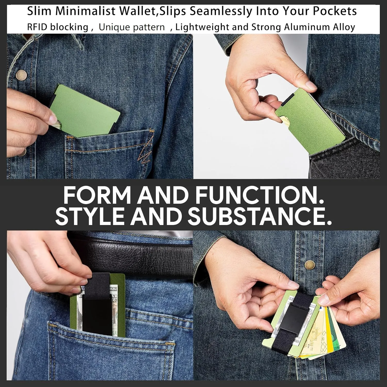 Minimalist Wallet for Men,Slim RFID Blocking Wallet,Durable Expandable Compact Plate, Matel Credit Card Holder,Cash Strap/Money Clip (Matte Olive Green)