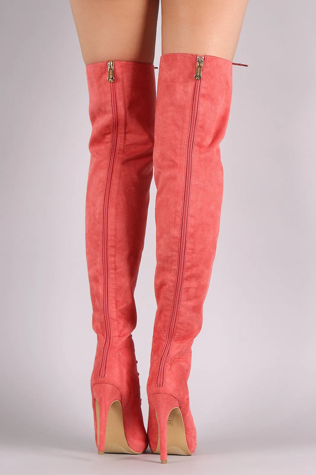 Nora - Suede Peep Toe Lace Up Stiletto Over-The-Knee Boots
