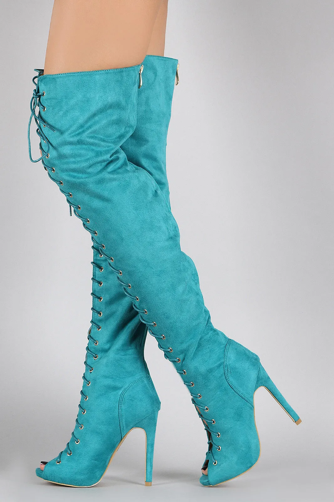 Nora - Suede Peep Toe Lace Up Stiletto Over-The-Knee Boots