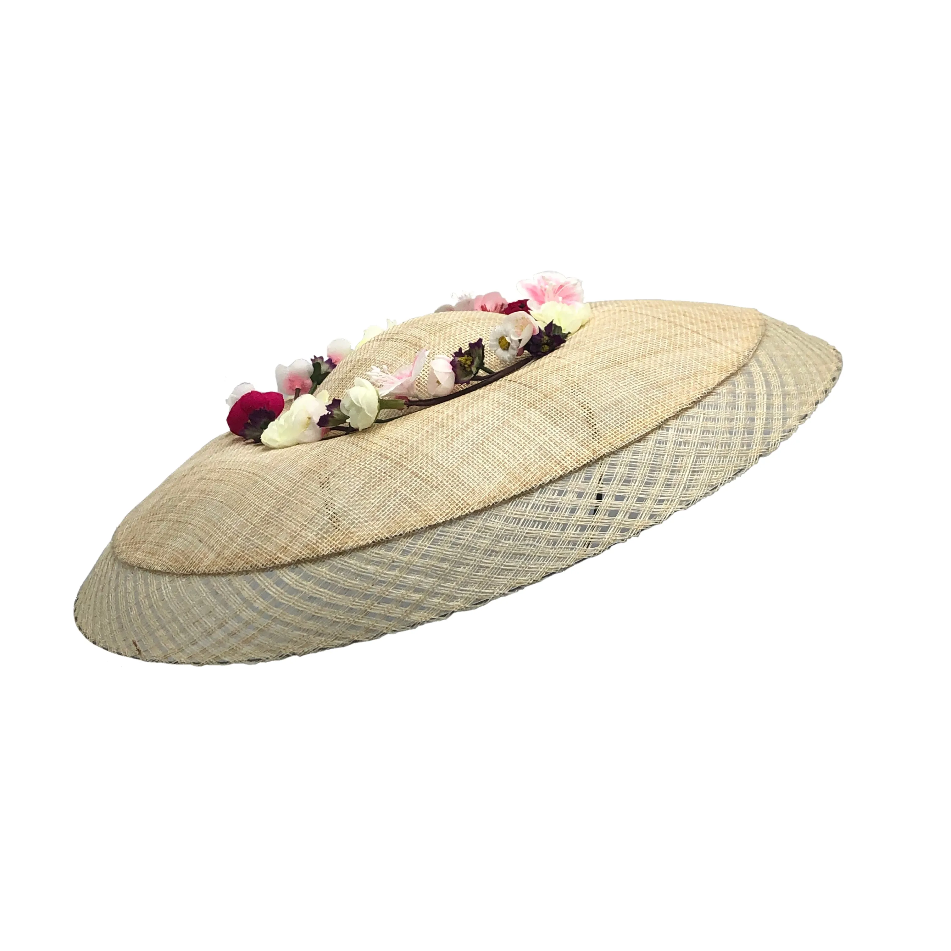 Prometea: Large Natural Mesh Derby Hat with Wildflowers