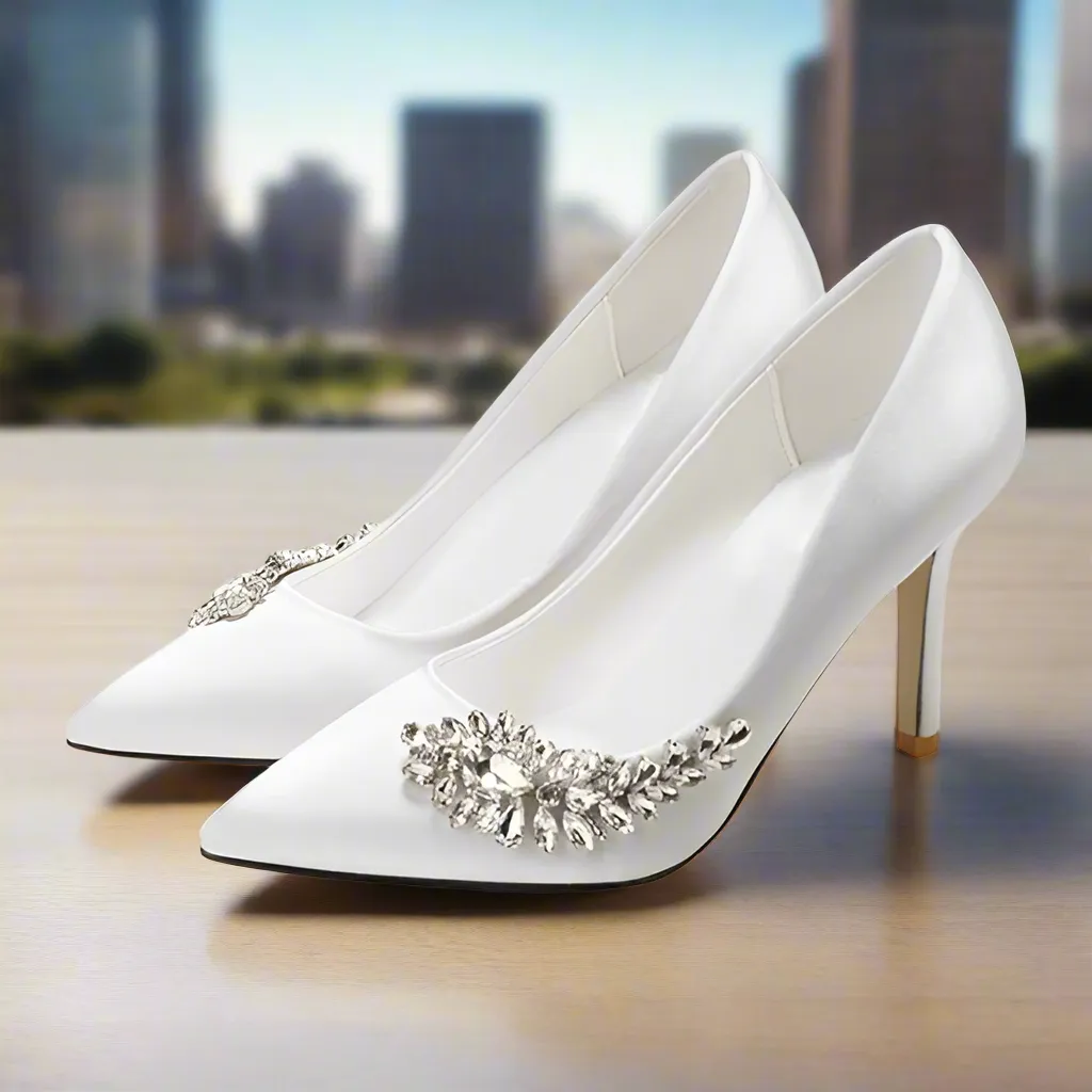 Wedding Shoes High Heels Rhinestone Silk Woman Pumps Pointed Toe