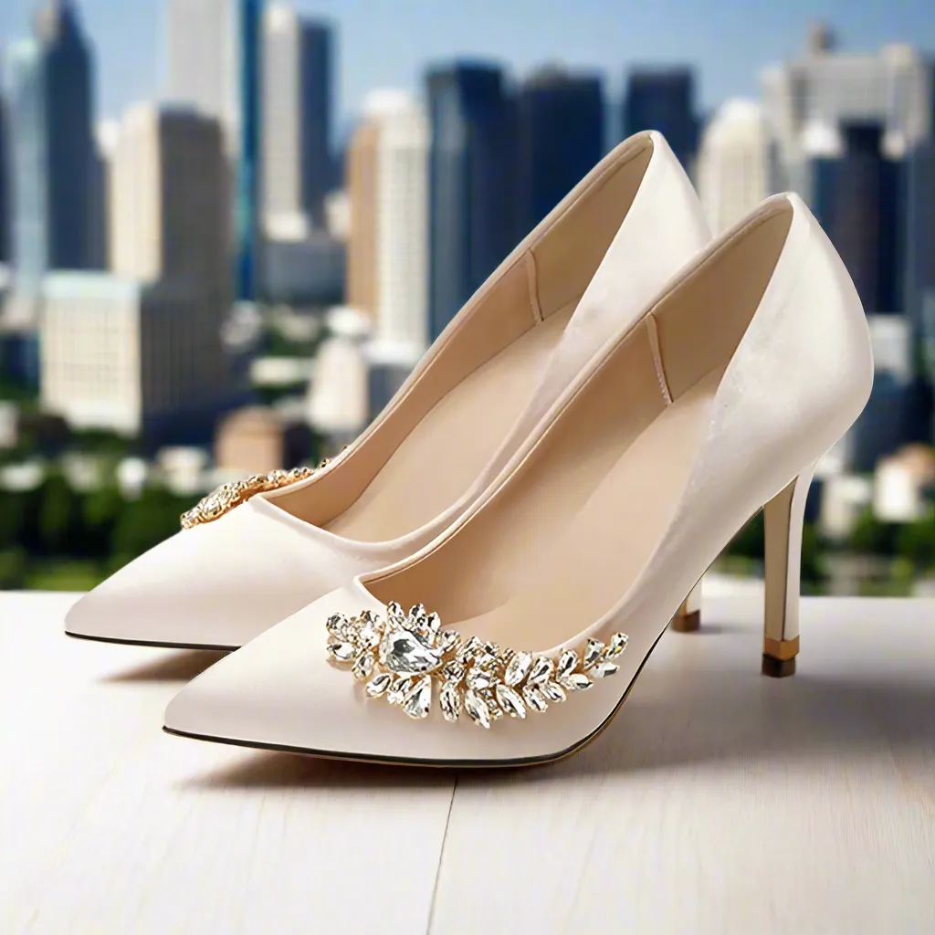 Wedding Shoes High Heels Rhinestone Silk Woman Pumps Pointed Toe