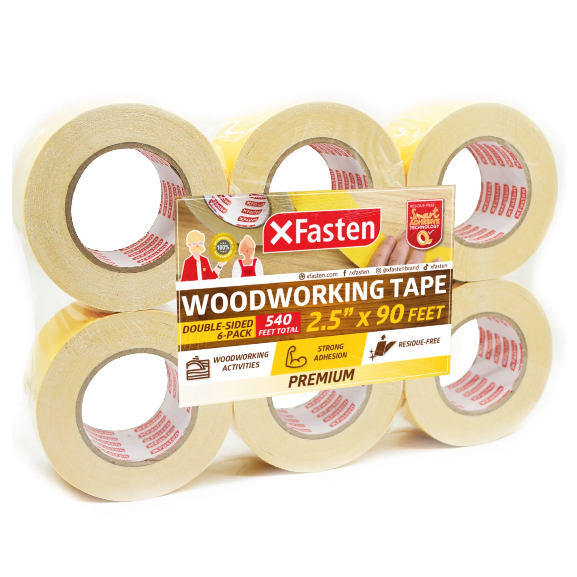 XFasten Double Sided Woodworking Tape | 2.5 Inches x 30 Yards | 6-Pack